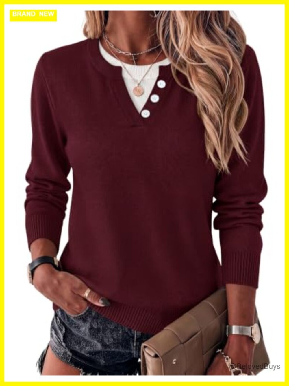Womens Lightweight Knit Sweater Pullover Contrast Collar Buttons Long Sleeve